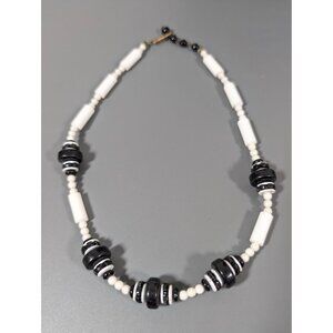 Vintage Black White Lucite‎ Bead Choker Necklace Mid Century MOD 16"
